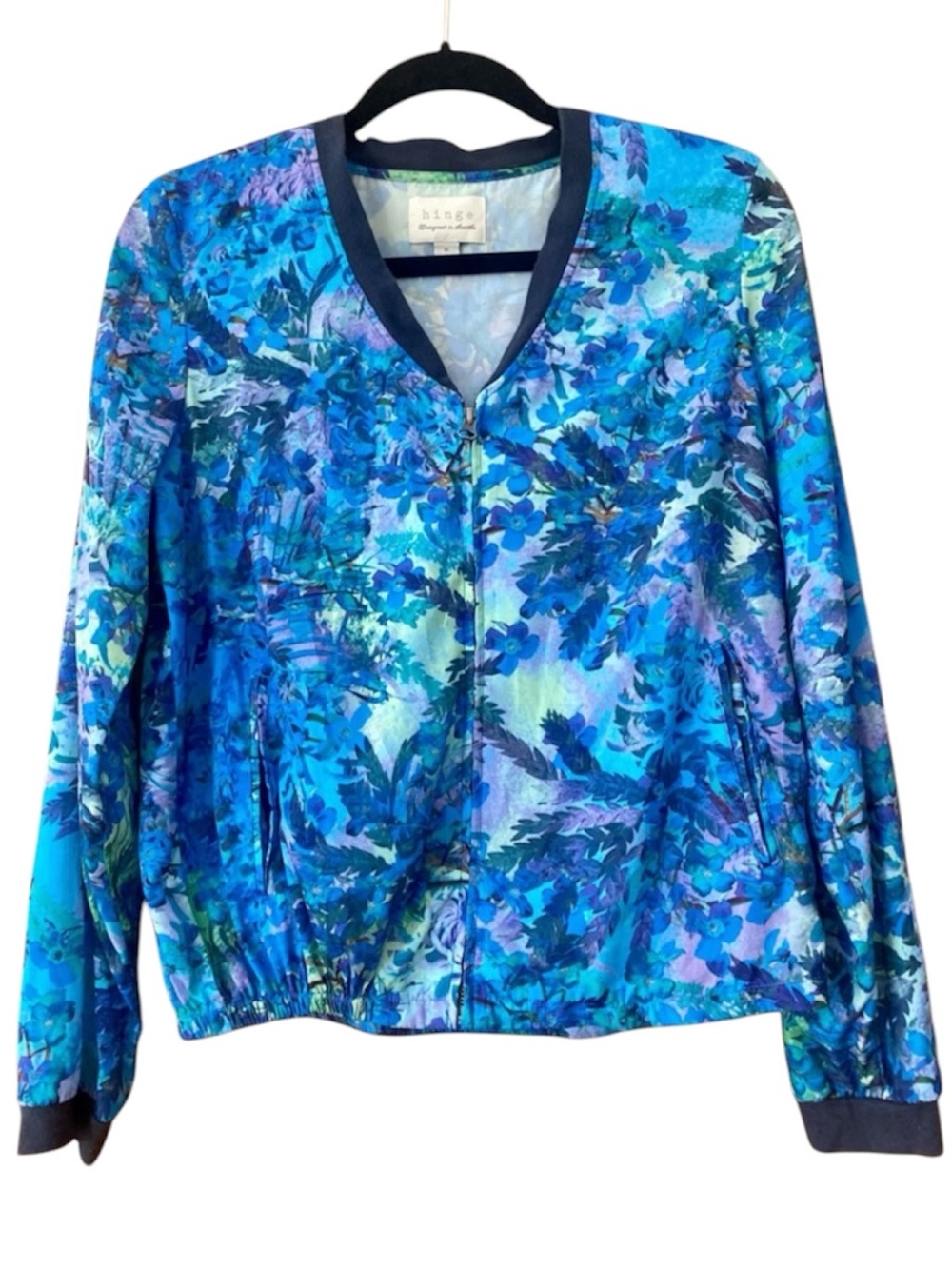 Hinge Watercolor Floral Bomber Jacket Blue Purple Lightweight Zip Front M